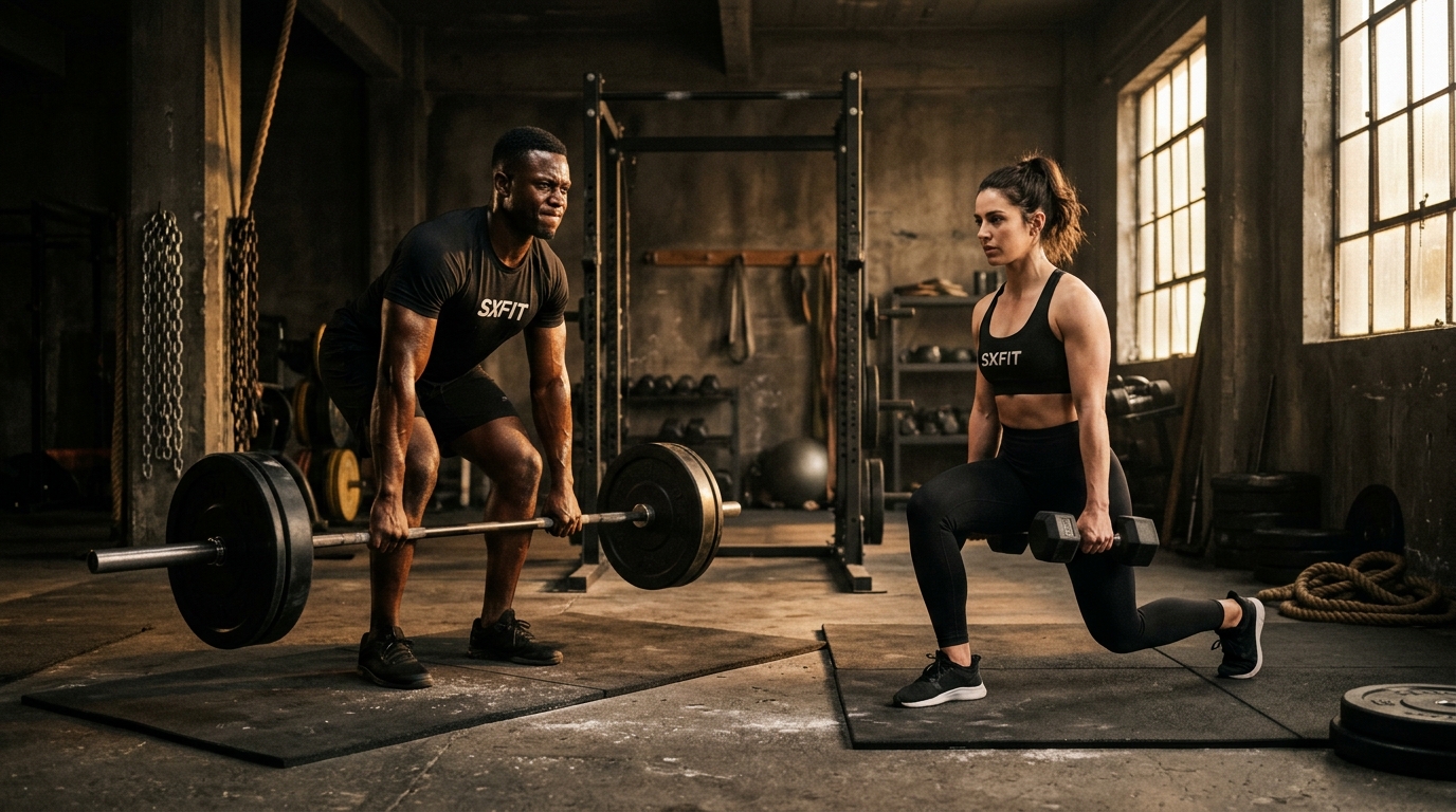 Diverse athletes — a Black man deadlifting and a Caucasian woman training together in a SXFIT gym